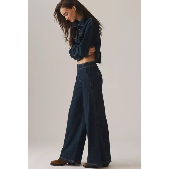 Anthropologie Denim - Maeve Anthropologie Scallop Edge High Rise Wide Leg Jeans Dark Denim Size 30 NWT